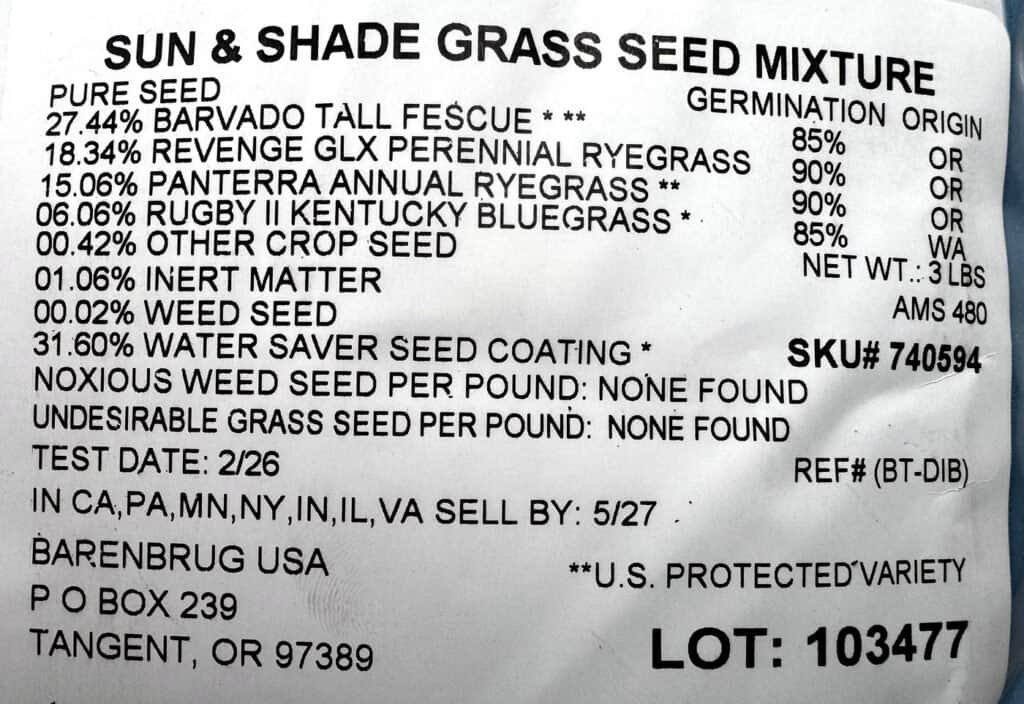 Grass seed tag showing 66.9 percent pure seed and named varieties including Kentucky bluegrass