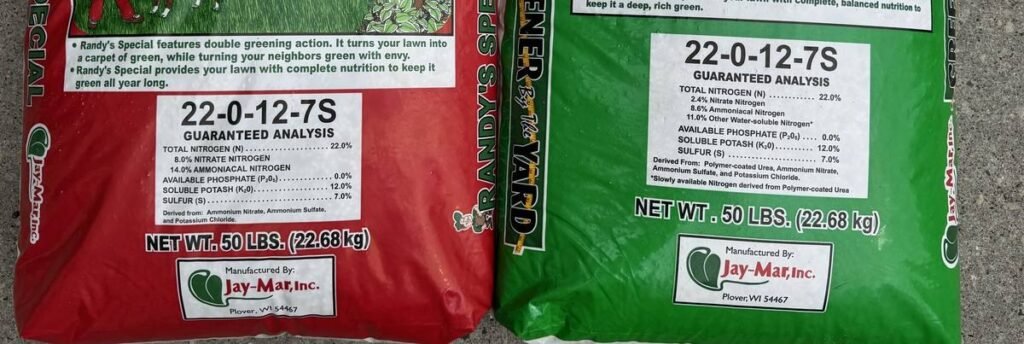 Guaranteed analysis panels on two 22-0-12-7S fertilizer bags showing different derived-from ingredients
